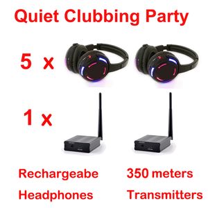 500 m Entfernung Silent Disco-System mit blinkendem LED-Licht, kabellose Kopfhörer – Quiet Clubbing Party Bundle mit 5 Kopfhörern und 1 Sender