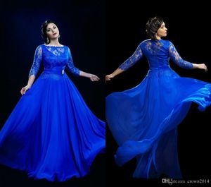 2023 Brudklänningens morklänning Illusion Chiffon Lace Prom Dresses Long Royal Blue 3/4 ärmar Plus -storlek Formella aftonklänningar skräddarsydda