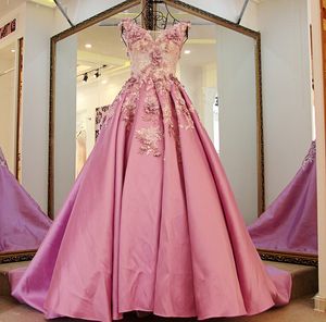 Gorgeous Flowers Prom Dresses With Lace Appliques V Neck Sequins Beads Backless Evening Dress Long Satin Vestidos Formal Cocktail Dress