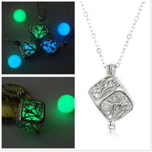 Magic Cube Noctilucent Lockets Life Tree Hollow out Pattern Luminous Beads Square Pendants Necklaces for Sale Glow in Dark