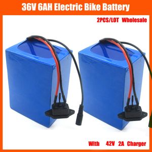 Wholesale 2pcs/lot 36V 6AH lithium ion battery 36V 6AH Electric Bike Battery 36V 250W battery with PVC case 15A BMS 42V charger