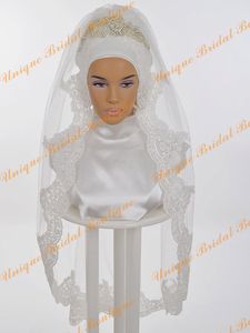 Мусульманские свадебные вуали 2016 с кружевым аппликациями края и кристаллы один слой длиной локоть длиной bridal hijab на заказ