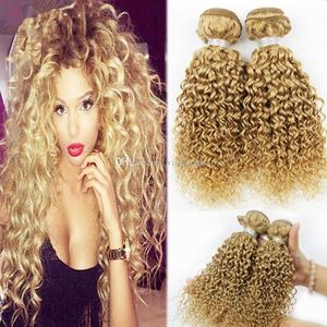 3Pcs/Lot Curly Blonde Hair Extensions Brazilian Honey Blonde Human Hair Weft Deep Curly Brazilian Blonde Hair Weave Bundles Free Shipping