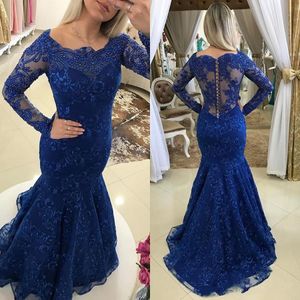 Mermaid Evening Dresses 2017 Scoop Neck Sheer Long Sleeves Full Lace Pearls Beaded Royal Blue Grape Sweet 16 Formal Party Dress Prom Gowns
