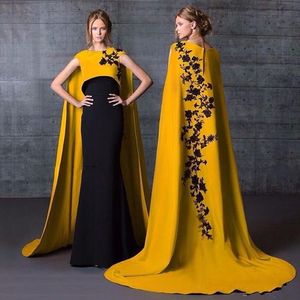 Long Kaftans High Neck Two Piece Mermaid Evening Dresses With Cape Long Black Lace Applique Satin Evening Gowns Designer Arabic Formal Dress