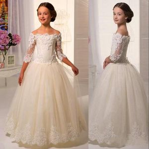 Bateau Lace Applique Até O Chão de Tule Três Quartos Mangas Flor Menina Vestidos Para Casamentos Meninas Primeira Comunhão vestido Vestido De Baile