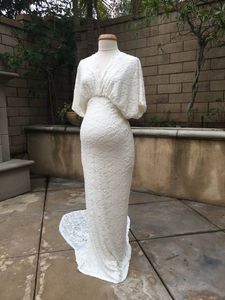 Verkliga bilder Full Lace Mermaid Bröllopsklänningar med ärmar Sexiga Tillbaka Plus Storlek Bröllopklänningar för Gravid Lady Custom Made
