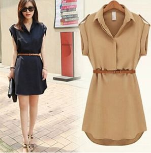 Womens Dress Summer Short A-Line Solid Chiffon Casual Dresses With Belt for Party Beach Office Summer Style