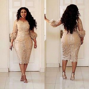 Vintage Champagne Plus Size Mother of the Bride Dresses Lace Tea length 2018 Modest Long Sleeve Mother of Groom Formal Occasion Dr273e