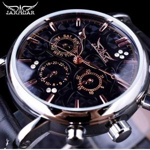 JARAGAR 소용돌이 패션 3 다이얼 디자인 다이아몬드 블랙 골든 다이얼 정품 가죽 남성 시계 탑 브랜드 럭셔리 자동 시계