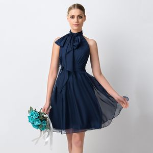 Vestido de dama de honra curta azul marinho de pescoço alto de chiffon de chiffon para a festa de casamento júnior GOWN3081