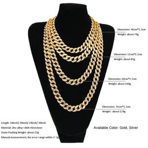 Hip Hop Jewelry ICED OUT 18K Gold Plated Full Rhinestone Curb Miami Cuban Link Chain Necklace Men Bling Rapper Accessories 4 Size Length