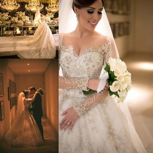 Luxury Sheer Neck Lace Applique Beading Wedding Dresses 2017 Spring Summer Illusion Long Sleeve Bridal Gowns Sweep Train Wedding Vestidos