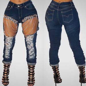 Partihandel-2017 Nya Kvinnors Jeans Big Hole Chain Denim Pants Fashion Sexy Byxor