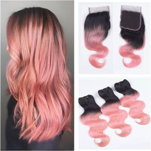 Brazilian Human Virgin Hair Two Tone 1b Rose Red Hair Bundles With Lace Closure Ombre Pink Hair With Closure 4*4 Lace Top Closure