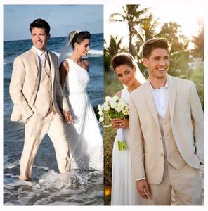 Custom Made Three Piece Suit Beige Beach Wedding Tuxedo Garnitury Przystojny Mens Garnitury dla Groom Formalne Garnitury Prom (Kurtka + Spodnie + Kamizelka + Krawat)