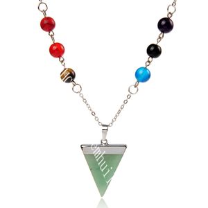 Special Seven Chakra Symbol Necklace Yoga Necklace Reiki Energy Triangle Natural Gemstone Pendant on 8MM Semi Gem Chakra Bead Chain Necklace