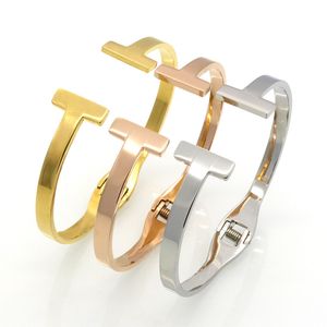 Moda joias de aço inoxidável banhado a ouro primavera duplo t pulseiras para mulheres pulseira de amor pulseira de braço liso atacado