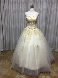 2017 Sexy Gold Embroidery Ball Gown Quinceanera Dress with Beading Sequins Tulle Plus Size Sweet 16 Dress Vestido Debutante Gowns BQ84