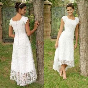 Vintage Country Style Hi Low Wedding Dress Full Lace Capped Garden Short Front Long Back Cheap High Quality Bridal Gowns Zipper up Back