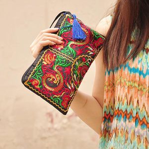 Partihandel - Varmt Försäljning Kvinnor Retro Boho Etnisk Broderad Wristlet Clutch Bag Handgjorda Purse Plånbok Förvaringsväskor