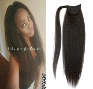 Italienska Yaki Ponytail Hårstycke Kinky Straight Drawstring Human Hair Ponytail Extension Clip In Yaki Straight Ponytail för Black Women 1b