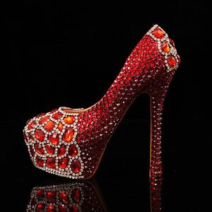 Mais novo dedo do pé redondo cristais vermelhos com diamantes vermelhos strass sapatos de casamento de noiva vermelho lindo sapatos de baile de salto alto mais size228p