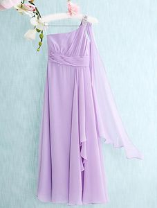 フロアレングスシフォンAラインコラムワンショルダージュニアウエディングドレス安いワンショルダービーズの床の長さノースリーブドレス