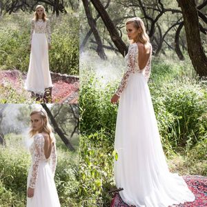 Bohemian Country Backless Wedding Dresses Long Sleeve Lace Applique Chiffon Bridal Gowns Sweep Train Cheap Wedding Dress