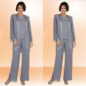 Modest Chiffon Jewel Long Mother Of The Bride Pant Suits With Sleeved Jacket Cheap Embroidery Formal Wear Custom Made Wedding Guest