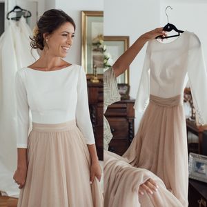 País elegante Vestido De Noiva Champagne Bateau Neck Sem Mangas Backless Barato Vestidos De Noiva Custom Made com Mangas