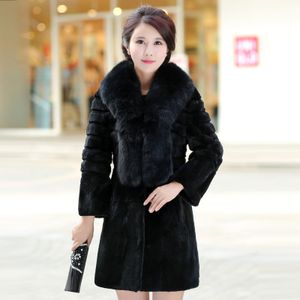 女性の冬のファッションリアルキツネの毛皮の襟長袖フルペルトレックスウサギの毛皮のコートミディアムロングカザコスプラスサイズ3xl