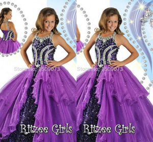 High Rated Purple Princess Girl's Pageant Dresses Halter Neck Corset Back Beads Sequin Ball Gown Glitz Girl Dresses HY1141