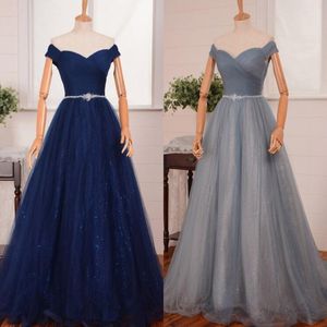 Bedövning Prom Dress Long A Line Navy Blue Silver Grey Sequins Tulle Sweetheart Neck Off The Shoulder Afton Gowns With Beaded Belt