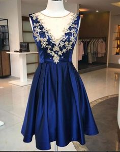 Romantic Flower Beads Short Cheap Homecoming Prom dress 2018 Sheer Neck Royal Blue Satin Sequin Evening party Wear Real Photos