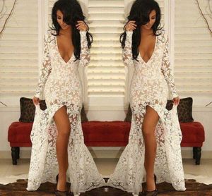 White Lace Deep V Neck Prom Dresses Long Sleeve Front Split Evening Gowns See Through Mermaid Women Formal Party Dresses