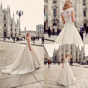 Linia Kaplica Pociąg Custom Made Beach Suknie ślubne Romantyczny Eddy K Suknie Ślubne Okrągły Neck Aplikacje Koronki Robe De Soiree Longue