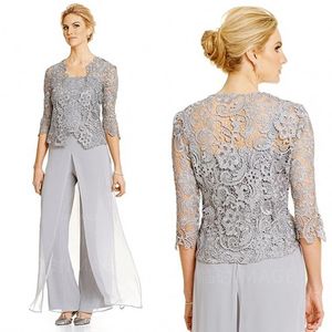 Elegant 2016 Silver Lace And Chiffon Spaghetti Mother Of Bride Pant Suit With 3/4 Long Sleeve Jacket 3 Pieces Custom Made EN90920