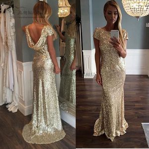 Sparkly Bling Gold Pink Sequin Evening Dresses Sexig Backless Billiga Brudtärna Klänningar Elegant Kortärmad Formell Prom Klänningar 2017 Vestidos