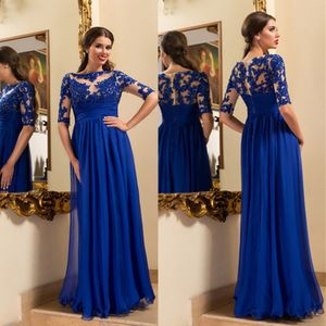 Modernes Spitzenapplikationen-Chiffon-Abendkleid 2019 Königsblau A-Linie mit halben Ärmeln Langes Abendkleid vestido longo formatura