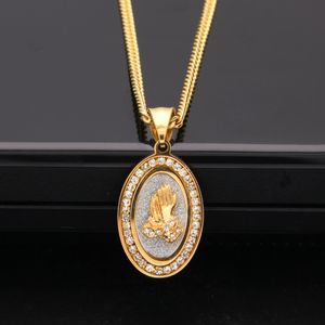 Hiphop 18k guldpläterad dj nattklubb glitter oval medalj isad ut kristall strass bön handhänge halsband 24 tum kedje smycken smycken