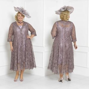 Plus Size Matka Bride Sukienek Rękawy Długość herbaty Scoop Neck Sukienka ślubna Dress Custom Mothers Groom Gown z długą koronką