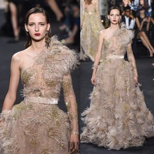 Luxury Feather Elie Saab 2019 Evening Dresses One Shoulder Long Sleeve Crystal Prom Party Gowns Sweep Train A Line Red Carpet Dress