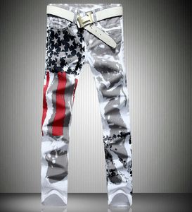 Gedruckte Design Jeans Männer amerikanische Flaggen Sterne gerade Hosen Schlanke Fit Stretchhose
