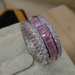 Victoria Wieck 高級ジュエリー フル プリンセス カット ピンク サファイア 925 スターリングシルバー 模造ダイヤモンド宝石 結婚指輪 リング サイズ 5-11