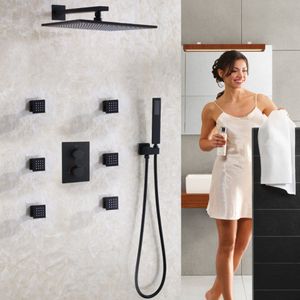 Matte Frosted Blackened Bathroom Shower Faucet Set Contemporary 12 Inch Rain Shower Head Thermostatic Shower Mixer Valve