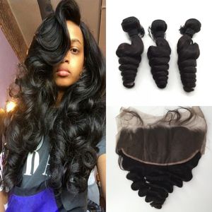 Brazillian Loose Wave Hair Weaves With Full Spets Frontal Stängning Gratis Middle 3 Del 13x6 Spets Front med jungfruliga hårbuntar