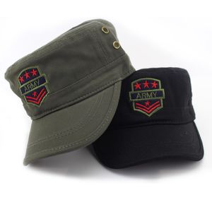 남성을위한 새로운 레저 위장 평면 모자 야외 코만도 육군 모자 모자 코튼 스타 로고 무대 성능 군사 모자