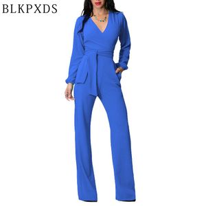 Partihandel- Summer Spring Jumpsuit Office Black Red V Neck Long Sleeve With Belt Sexy Women Clubwear Clothes Rompers Bodysuit Playisuits Plus
