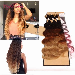 Ombre Color Ciało Wave Włosy Włoski 4 sztuk / partia = Jedna głowica Maszyna Double Weft Bundle z zamknięciem koronki, Szyć w Włosiach Rozszerzenia Weaves Weeps Wefts